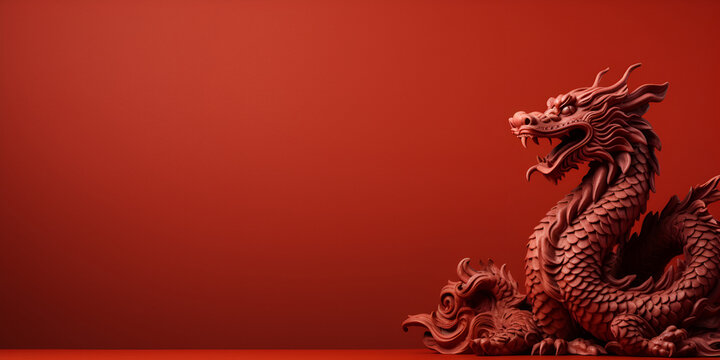 Dragon on a red background. Wooden dragon. Chinese New Year. background. copy space. 2024 chinese new year