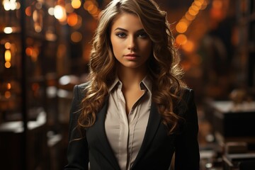 A shot of Beautiful business woman adult girl curly hair on bokeh background Generative AI