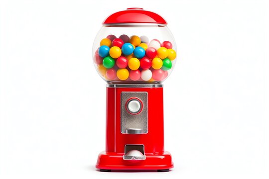 a red gumball machine with a clear bubblegum inside