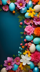 Fototapeta na wymiar Colorful easter eggs and flowers with copy space. Top view.