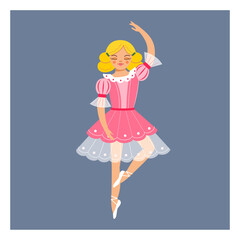 Girl ballerina from fairy tale about the Nutcracker in pink dress and pointe shoes dances on stage. Cute Christmas children's vector illustration.