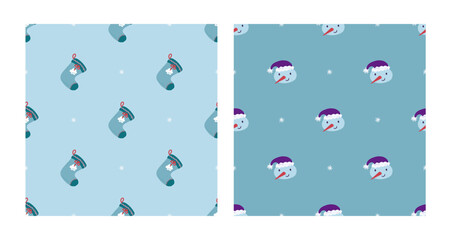 Cute snowman and christmas sock seamless pattern set. Christmas and New Year concept. Hand drawn light blue vector texture for wallpaper, prints, wrapping, textile