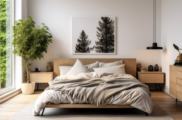 Scandinavian interior design of modern bedroom, Generative AI