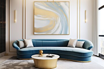 Minimalist home interior design of modern living room. Luxury blue curved sofa against white wall with golden stripes and marbling poster, Generative AI