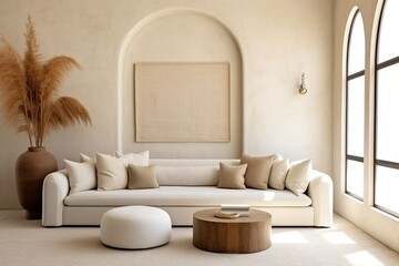 Minimalist rustic home interior design of modern living room. White sofa near stucco wall against arched window, Generative AI