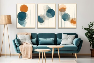 Mid-century style home interior design of modern living room. Grey sofa and turquoise lounge chairs, Generative AI