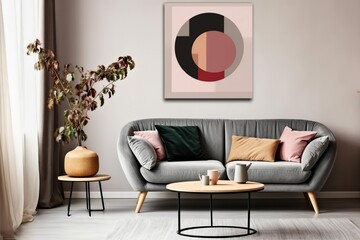 Round coffee table and pink chair near grey sofa against stucco wall with art poster. Scandinavian style home interior design of modern living room, Generative AI
