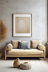 Scandinavian home interior design of modern living room. Grey sofa against stucco wall with blank frame, Generative AI