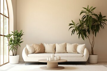 Minimalist home interior design of modern living room. White sofa and potted houseplants against arched window near beige wall with copy space, Generative AI