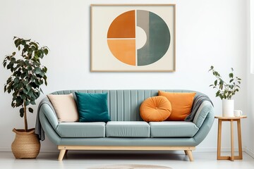 Teal curved sofa with orange pillows against white wall with poster. Scandinavian style home interior design of modern living room, Generative AI