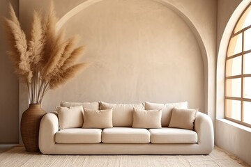Fototapeta premium Minimalist boho home interior design of modern living room. Sofa and vase with pampas grass against beige wall with arch, Generative AI
