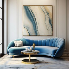 Minimalist home interior design of modern living room. Luxury blue curved sofa against wall with marbling poster, Generative AI