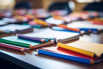 Colorful School Supplies Arranged Neatly on a Classroom Desk for Academic Success - obrazy, fototapety, plakaty