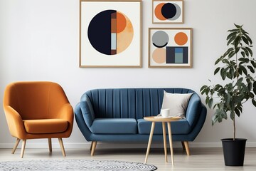 Dark blue sofa and orange chair against white wall with art poster frame. Scandinavian, mid-century style home interior design of modern living room, Generative AI