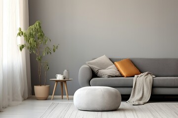Scandinavian home interior design of modern living room. Grey round pouf near sofa against grey wall with copy space, Generative AI