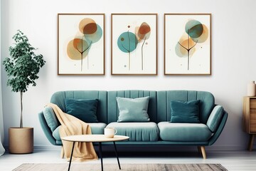 Teal sofa and armchair against white wall with three art posters. Scandinavian style home interior design of modern living room, Generative AI