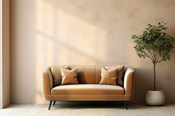 Velvet loveseat sofa near beige blank wall with copy space. Minimalist home interior design of modern living room, Generative AI