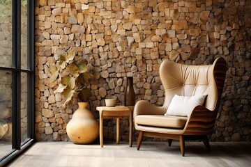 Wing chair against window near stucco and decorative stone paneling wall. Rustic home interior design of modern living room, Generative AI