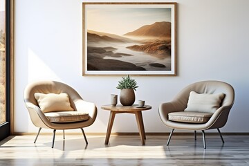 Two white leather chairs and round coffee table near white wall with poster frame. Mid-century style home interior design of modern living room, Generative AI