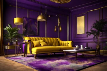 close up view, living room,with luxury things, wall colour is yellow, room roof colour is purple...
