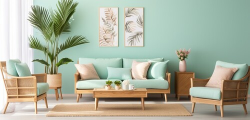 A tropical-themed living room with bamboo furniture, pastel cushions, and a mint-green wall,...