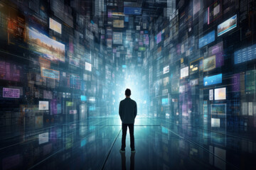 Person stands among information flows, the space around him is filled with various text data and digital data, Information overload, Digital transformation concept.