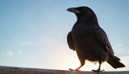  a large black bird standing on top of a wooden rail under a blue sky with a sun in it's center and behind it is a small black bird with a long beak.