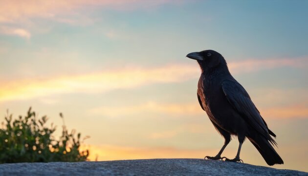  a black bird sitting on top of a rock next to a bush and a sky with a sunset in the background of the picture and a black bird standing on top of a rock.