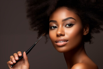 Photography portrait black european Girls Model Use Eye Brush to brush her eye. You can use it in your advertising or other high quality prints.
