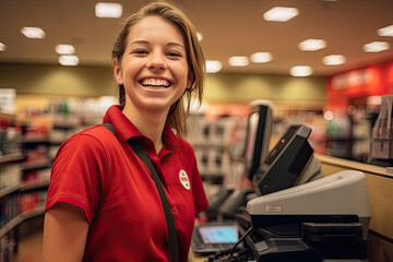 Happy, smiling, retail worker, stockroom staff, sales associate, cashier staff, frontline employee, in uniform.  Teenager, young adult working in clothing store with cardboard boxes, shopping mall - obrazy, fototapety, plakaty