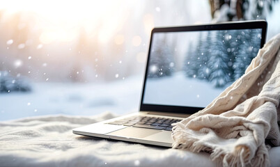 Laptop with with winter landscape wallpaper in outdoor in the snow with a cozy blanket in a snowfall. Seasonal remote work, internet, shopping, Christmas and New Year