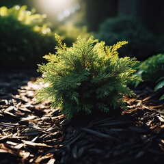 Green small thuja bush in mulch closeup Generative AI