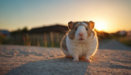  a brown and white hamster sitting on top of a dirt road next to a field of tall grass and a house in the distance with a sunset in the background.