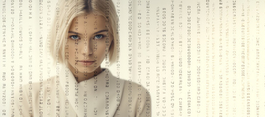 Beautiful blonde woman surrounded by flow of digital data,female portrait close up and multitude of information streams around, Digital contents concept, Information fatigue and overload