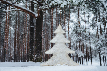 Snowy pine tree cutout in winter forest, with blurred trees in the background