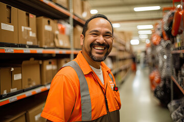 Happy, smiling, retail worker, stockroom staff, sales associate, cashier staff, frontline employee, in uniform.  Teenager, young adult working in clothing store with cardboard boxes, shopping mall