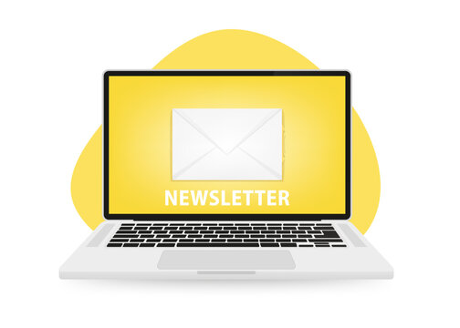 Newsletter with letter and laptop. Laptop with mail envelope. Computer and document on screen. Email concept. Vector illustration