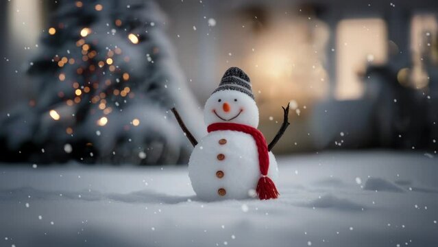 little snowman and Christmas tree on the snow with Christmas decoration and lightning in the winter. Winter holiday background. snowman with hat and scarf. snowy landscape in the forest 4K loop