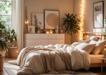 tranquility with interior bedroom scene, where a blurred setting meets a cozy style. warm light, Bed, soft blanket, rug, picture frame, decoration light, hanging plant touch of natural beauty