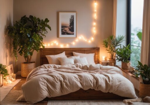 tranquility with interior bedroom scene, where a blurred setting meets a cozy style. warm light, Bed, soft blanket, rug, picture frame, decoration light, hanging plant touch of natural beauty