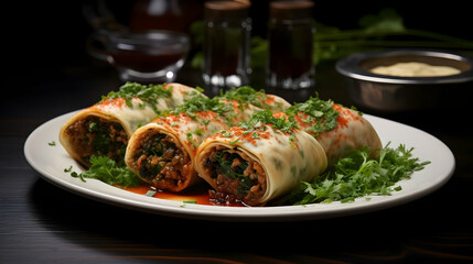 Savory pancake rolls stuffed with ground meat servin on the restaurant table,Generated by AI