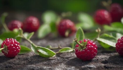  a group of raspberries sitting on top of a wooden table next to a leafy green leafy branch on top of a stone slab of soiled surface.