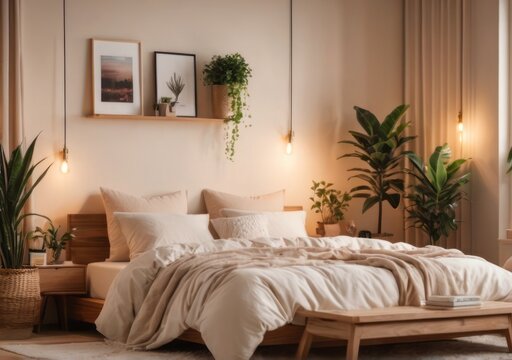 tranquility with interior bedroom scene, where a blurred setting meets a cozy style. warm light, Bed, soft blanket, rug, picture frame, decoration light, hanging plant touch of natural beauty