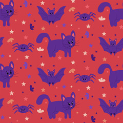 Funny magical seamless pattern with cute animals. Flat kawaii magical cat, bat, spider on red background. Witch related animals. Graphic print design for wrapping paper, textile, background, banner