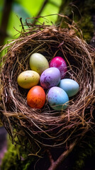Fototapeta na wymiar Birds' Nest with Colorful Eggs Amidst Nature's Glow