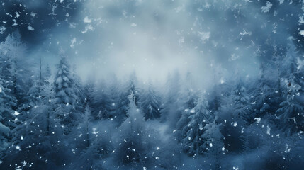 Snow flakes falling down. Aerial of frozen forest with snow covered trees ,Generated with AI. - obrazy, fototapety, plakaty