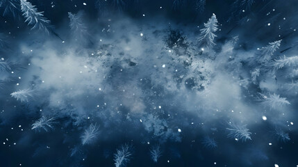 Fototapeta na wymiar Snow flakes falling down. Aerial of frozen forest with snow covered trees ,Generated with AI.