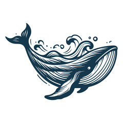 Blue whale vector illustration. Big wave and sea fish in vintage style. Jumping in the ocean humpback whale, Generative AI