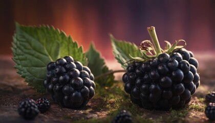  a couple of blackberries sitting next to each other on top of a leafy green patch of ground next to a leafy green plant and a few other blackberries on the ground.