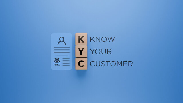 Wooden blocks with KYC acronym, identification card icon with fingerprint, know your customer concept, business and finance verification